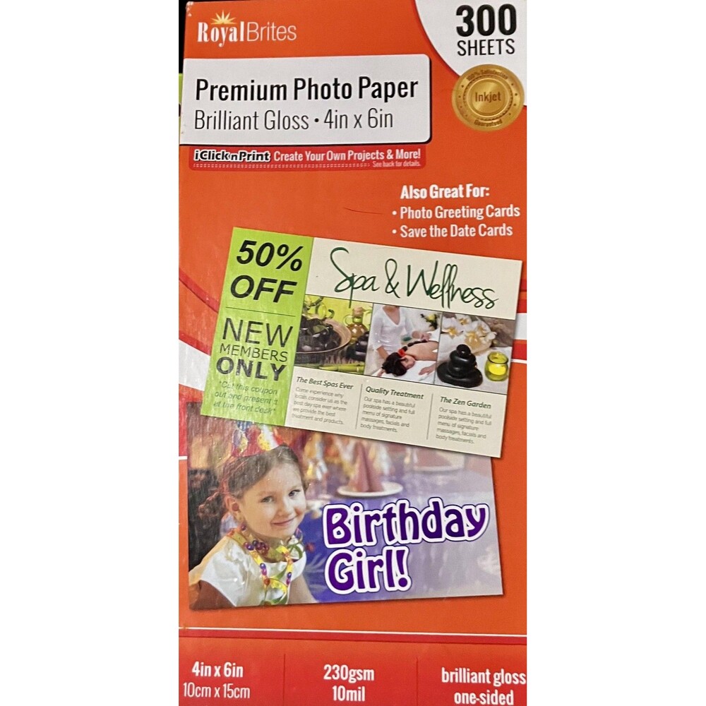 Royal Brites Premium Photo Paper Brilliant Gloss 4x6 300 Sheets Inkjet White